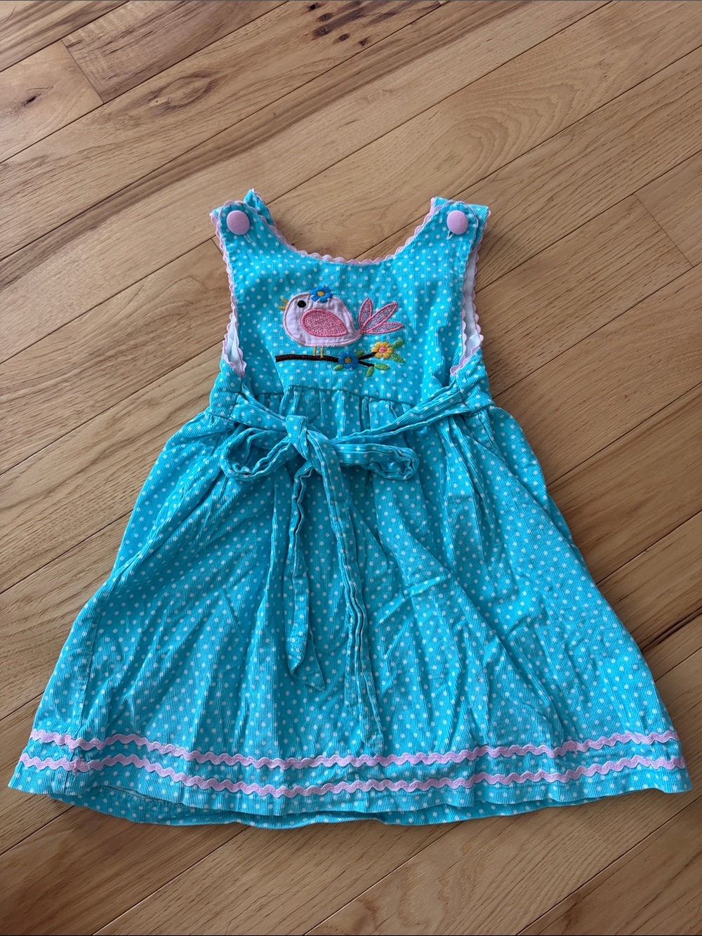 Turquoise Polka Dot Bird Applique Girls' Casual Dress